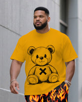 Men's Plus Size Yellow Flame & Bear Print Round Neck Short Sleeve T-Shirt Shorts Suit
